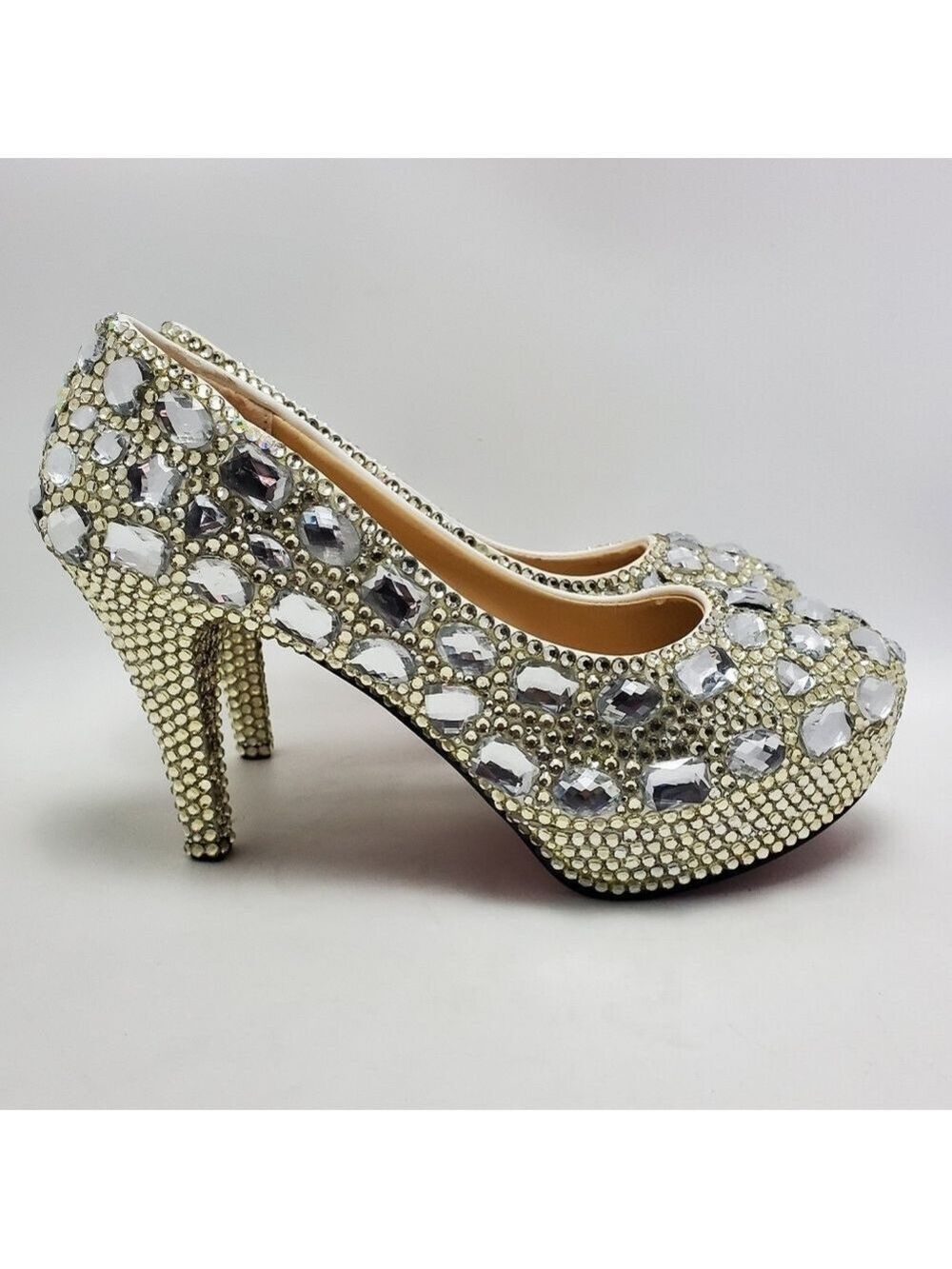 Cinderella Crystal Glass Rhinostones Beaded Wedding Heel Shoes Sz 42 Red Bottom